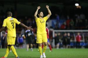 Sole salutes the fans following Woking's win at Aldershot. Pic by David Holmes. 