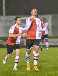 Morgan celebrates the open at Forest Green earlier in the season 
